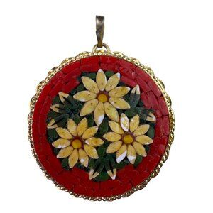 Vintage Italy Womens Mosaic Flower Pendant Metal Round Design
